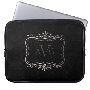 Capa Para Notebook Luxo Black Damask com moldura prateada antiga