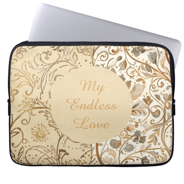 Capa Para Notebook Luxo, Dia dos Namorados, Padrão de Flores Douradas (Frente)