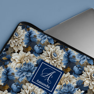 Capa Para Notebook Luxo Flores Navy Azuis Estojo Capinha para Laptop