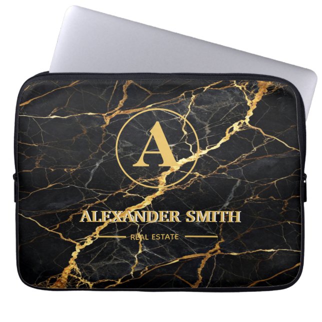 Capa Para Notebook Luxury Black Marble Gold Monogram Business Brand (Frente)
