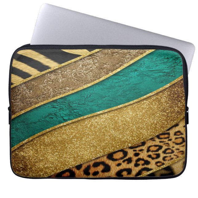 Capa Para Notebook Luxury Emerald & Gold Safari Leopard Zebra Glitter (Frente)