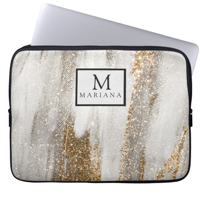 Capa Para Notebook Luxury Marble Dourada Traça branca e cinza (Frente)