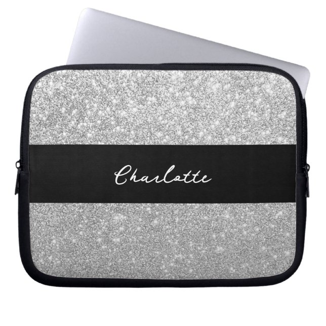 Capa Para Notebook Luxury Sparkle Silver Glitter Name (Frente)