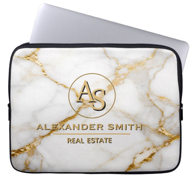 Capa Para Notebook Luxury White Marble Gold Monogram Real Estate  (Frente)