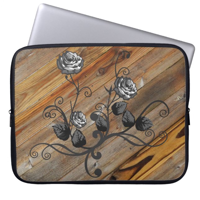 Capa Para Notebook Madeira E Rosas (Frente)