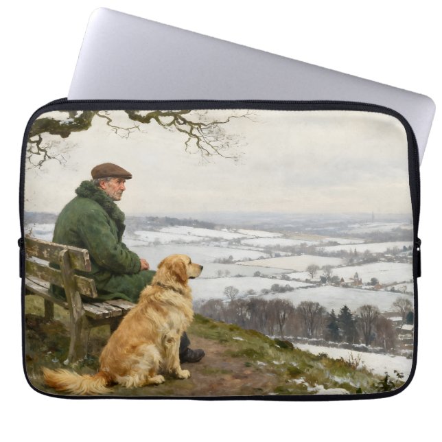 Capa Para Notebook Man and Dog Enjoying Winter Countryside Vista (Frente)