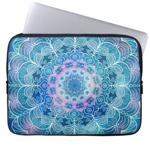 Capa Para Notebook Mandala White Outline Blue Watercolor -