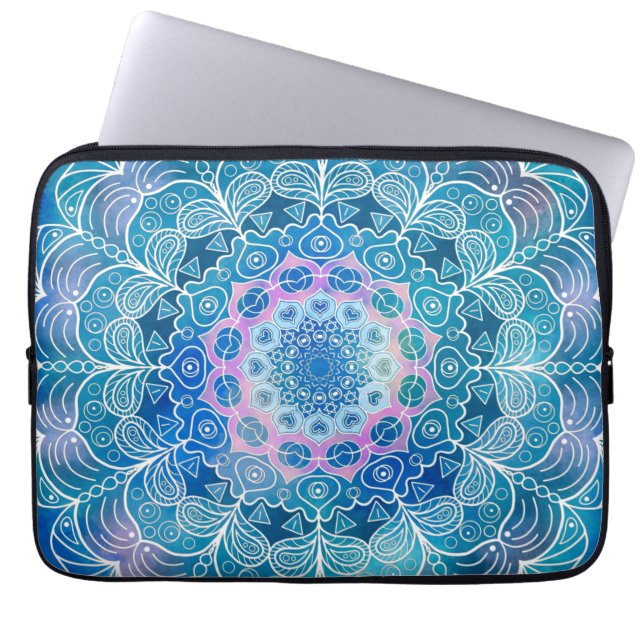 Capa Para Notebook Mandala White Outline Blue Watercolor - (Frente)