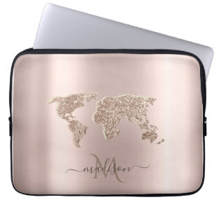 Capa Para Notebook Mapa Mundial Brilhante Viagem Rosa Dourado Monogra
