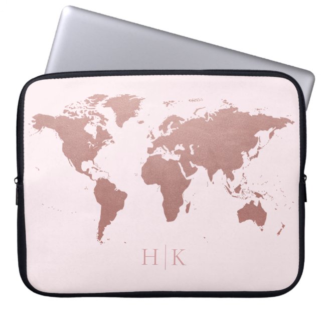 Capa Para Notebook Mapa Mundial Rosa Dourada, Elegante, Monograma, (Frente)