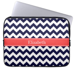 Capa Para Notebook Marinho Azul Branco Chevron Coral Vermelho Nome Mo
