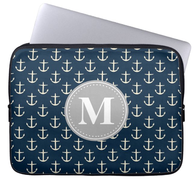 Capa Para Notebook Marinho Azul Creme Anchor Cinza Padrão Monograma (Frente)