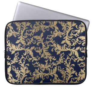 Capa Para Notebook Marinho azul dourado vintage chic glam damasco