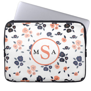 Capa Para Notebook Marinho Azul Pessegueiro Monograma Floral Iniciais