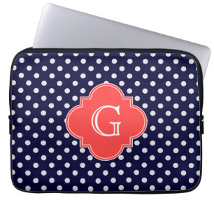 Capa Para Notebook Marinho Bolinhas branco Monograma do Quatrefoil de