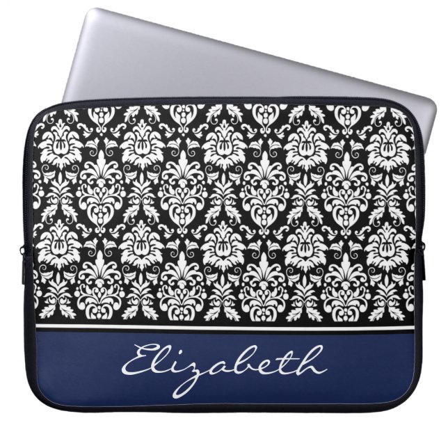 Capa Para Notebook Marinho de nome personalizado Damasco branco preto (Frente)
