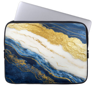 Capa Para Notebook Marinho Luxurioso Azul e Dourado Mármaco Folha