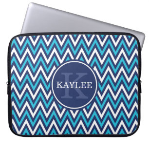 Capa Para Notebook Marinho moderno Aqua Blue Chevron e Monograma