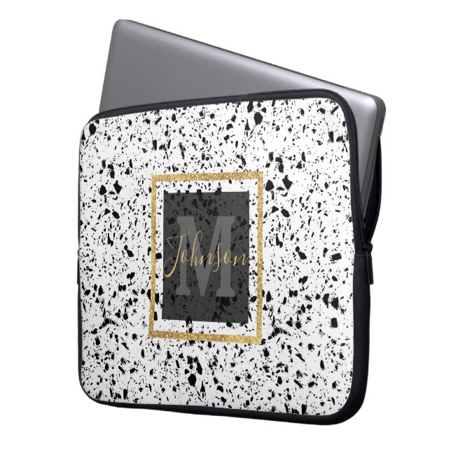 Capa Para Notebook Mármaco branco preto clássico Terrazzo (Frente Esquerda)