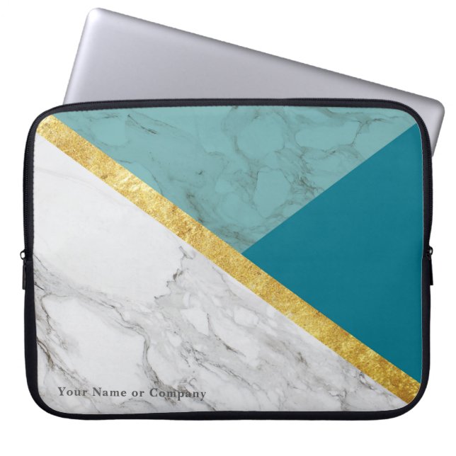 Capa Para Notebook Mármaco Teal Personalizado e Laptop Dourado (Frente)