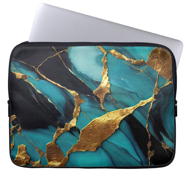 Capa Para Notebook Mármore Azul Teal Profundo com Veias de Ouro Ousad (Frente)