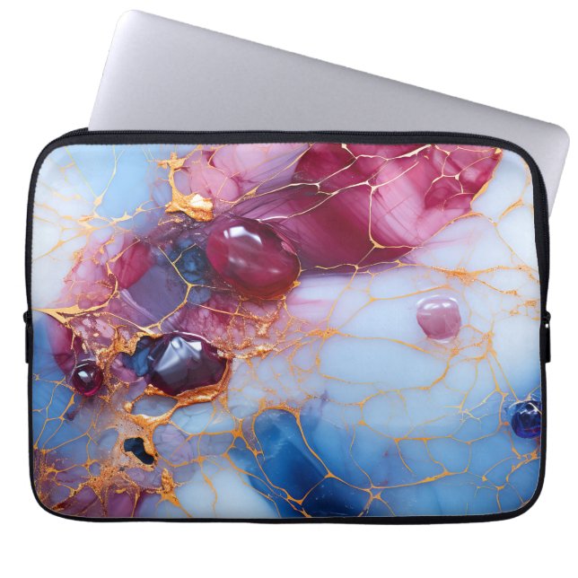 Capa Para Notebook Mármore Blush & Safira com Veias Douradas (Frente)