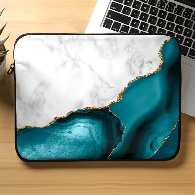 Capa Para Notebook Mármore Branco Ágata Azul Teal Dourada (Criador carregado)