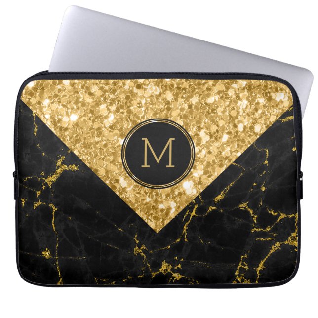 Capa Para Notebook Mármore Preto e Design Geométrico Dourado com Larg (Frente)