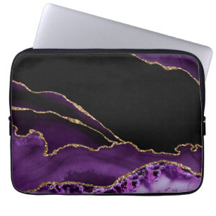 Capa Para Notebook Mármore Preto Violeta Ágata Glamour Escuro Dourado