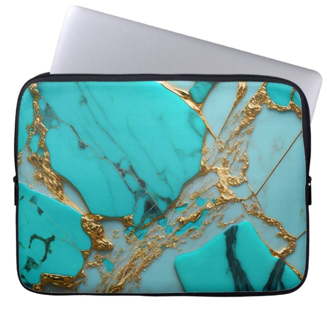 Capa Para Notebook Mármore Turquesa com Veias Douradas (Frente)