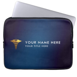 Capa Para Notebook Médico Elegante com Caduceu em Ouro e Azul Marinho