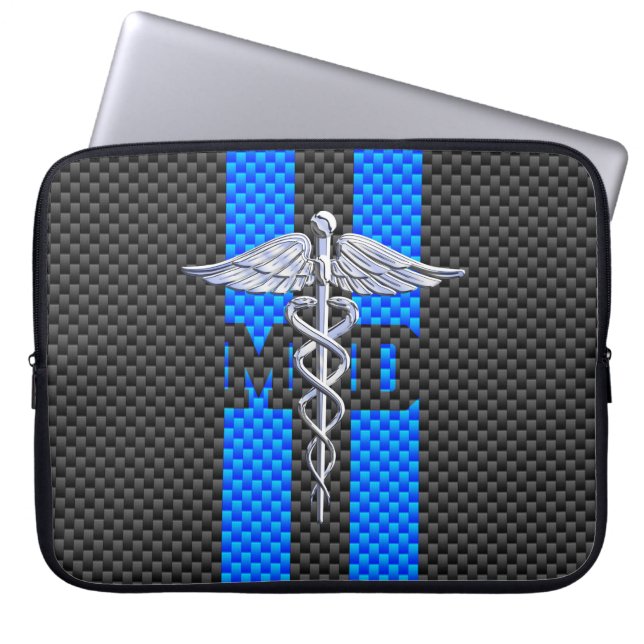 Capa Para Notebook Médico Médico MD Caduceus em Blue Strips (Frente)