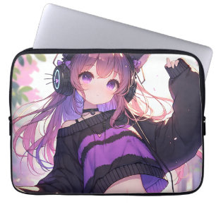 Capa Para Notebook Menina bonito de animação em Fones de ouvido com o