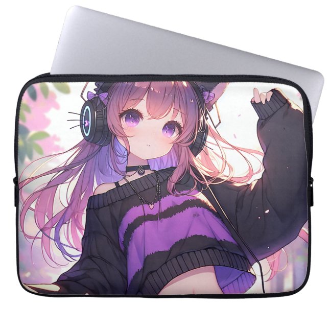 Capa Para Notebook Menina bonito de animação em Fones de ouvido com o (Frente)