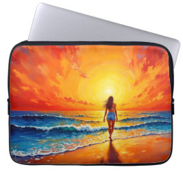 Capa Para Notebook Menina caminhada na praia ao pôr do sol ondas do o
