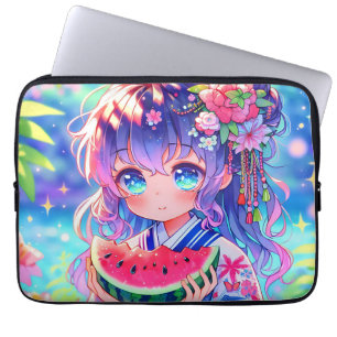 Capa Para Notebook Menina de animação bonita comendo melancia no dia