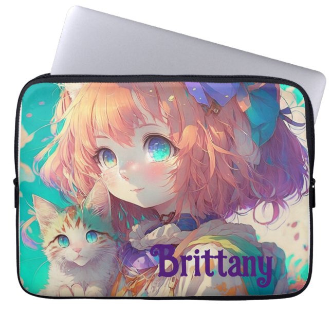 Capa Para Notebook Menina de anime personalizada e bonita com gatinho (Frente)