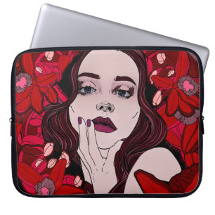 Capa Para Notebook Menina misteriosa cercada por flersabstrato vermel