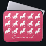 Capa Para Notebook Meninas cor-de-rosa personalizadas teste padrão da<br><div class="desc">A bolsa de laptop cor-de-rosa personalizada teste padrão do neopreno das meninas da silhueta do unicórnio. Um teste padrão bonito das silhuetas brancas do unicórnio no fundo cor-de-rosa brilhante. Personalize à cor do fundo da mudança a uma outra cor. Personalize esta caixa feita sob encomenda do laptop com nome na...</div>