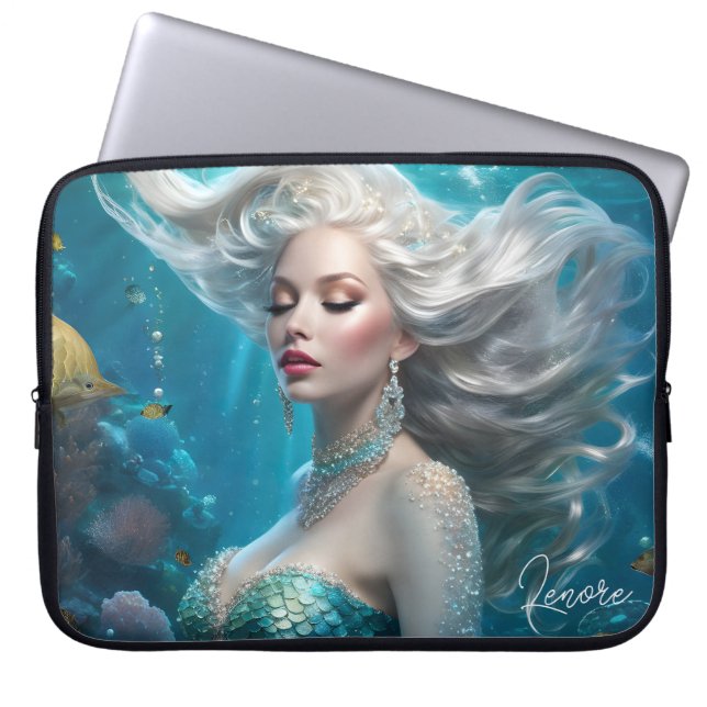 Capa Para Notebook Mermaid Silver Hair Turquoise Ocean (Frente)