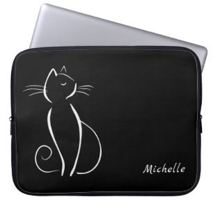Capa Para Notebook Minimalist White Cat On Black Add Name