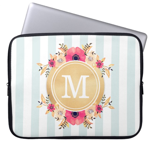 Capa Para Notebook Mint Stripes Aquarela Flores Falso Monograma Doura (Frente)