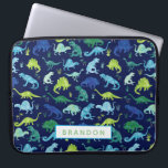 Capa Para Notebook Miúdos personalizados do azul do teste padrão do<br><div class="desc">O verde azul personalizado do teste padrão do dinossauro da aguarela caçoa a caixa do laptop. Dinossauros da aguarela no verde,  e no azul em um fundo azul escuro. Personalize com nome. www.SamAnnDesigns.com</div>