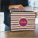Capa Para Notebook Modern Girly Pink Purple Yellow Strips Monograma<br><div class="desc">Esta bolsa de laptop feminina moderna apresenta um padrão listrado colorido em branco,  amarelo,  rosa e roxo com um nome personalizado e monograma em cores compatíveis.</div>