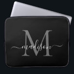 Capa Para Notebook Modern Monograma Cinzas Negras Silver Girly Script<br><div class="desc">Modern Monograma Black White Girly Chic Script Name</div>