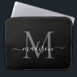 Capa Para Notebook Modern Monograma Cinzas Negras Silver Girly Script<br><div class="desc">Modern Monograma Black White Girly Chic Script Name</div>