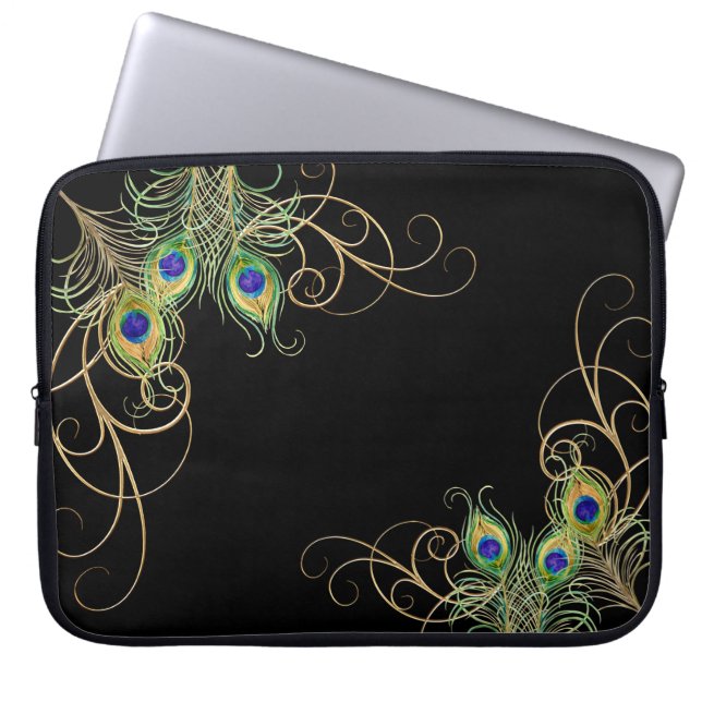 Capa Para Notebook Modern Peacock Feather Dourada Swirl Name (Frente)