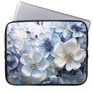 Capa Para Notebook Moderno Botânico Floral Azul Branco Elegante