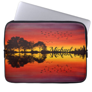 Capa Para Notebook Moderno Laranja Sunset Guitarista Nome Watercolor