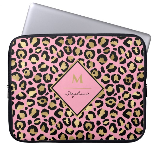 Capa Para Notebook Moderno Preto Rosa e Dourado Estampa de Leopardo | (Frente)